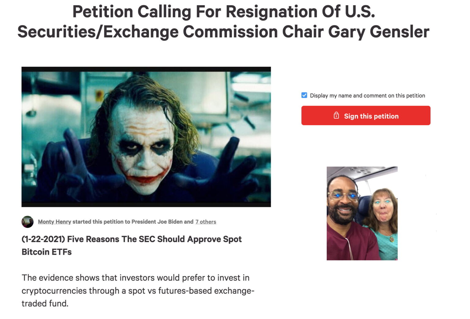 Petition Calling For Resignation Of U​.​S. Securities/Exchange Commission Chair Gary Gensler